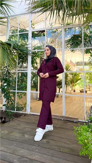 Çıtçıtlı Kapşonlu Uzun Tunik Pantolon İkili Tesettür Eşofman Takımı - 03078.020 - Mürdüm - photo 4