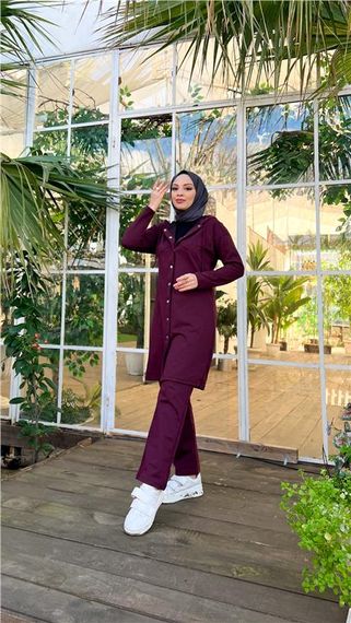 Çıtçıtlı Kapşonlu Uzun Tunik Pantolon İkili Tesettür Eşofman Takımı - 03078.020 - Mürdüm - photo 5