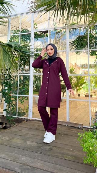Çıtçıtlı Kapşonlu Uzun Tunik Pantolon İkili Tesettür Eşofman Takımı - 03078.020 - Mürdüm - photo 1