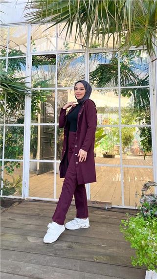 Çıtçıtlı Kapşonlu Uzun Tunik Pantolon İkili Tesettür Eşofman Takımı - 03078.020 - Mürdüm - photo 3