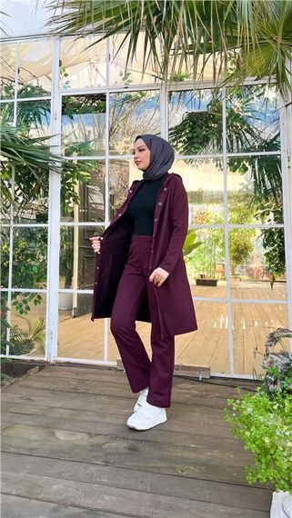 Çıtçıtlı Kapşonlu Uzun Tunik Pantolon İkili Tesettür Eşofman Takımı - 03078.020 - Mürdüm - photo 2