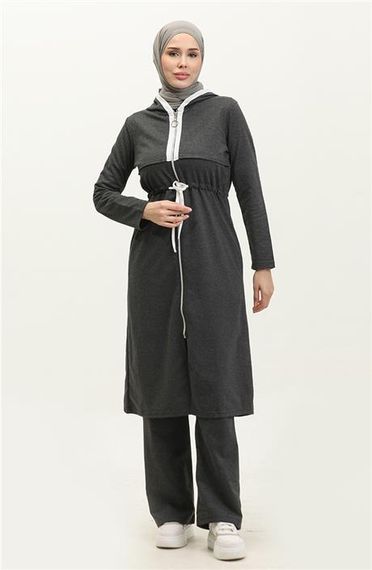 Kapşonlu Fermuarlı Belden Beyaz Bağcıklı Sade Basic İkili Spor Takımı - 03074.017 - Antrasit - photo 1