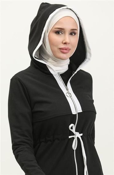 طقم رياضي بسيط أسود ثنائي مع سحاب وحزام وجيب بغطاء للرأس  نافذ لجميع الأحجام - صورة 3