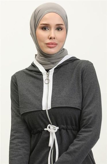Kapşonlu Fermuarlı Belden Beyaz Bağcıklı Sade Basic İkili Spor Takımı - 03074.017 - Antrasit - photo 3