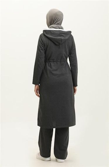 Kapşonlu Fermuarlı Belden Beyaz Bağcıklı Sade Basic İkili Spor Takımı - 03074.017 - Antrasit - photo 5