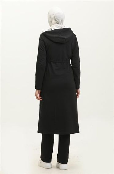 طقم رياضي بسيط أسود ثنائي مع سحاب وحزام وجيب بغطاء للرأس  نافذ لجميع الأحجام - صورة 5