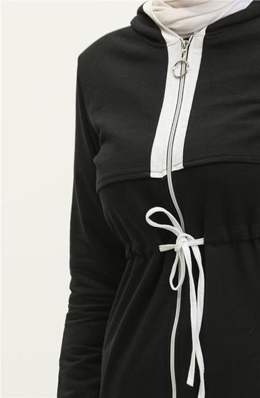 طقم رياضي بسيط أسود ثنائي مع سحاب وحزام وجيب بغطاء للرأس  نافذ لجميع الأحجام - صورة 4