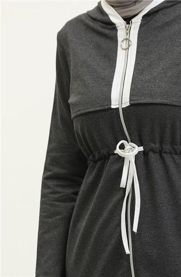 Kapşonlu Fermuarlı Belden Beyaz Bağcıklı Sade Basic İkili Spor Takımı - 03074.017 - Antrasit - photo 4