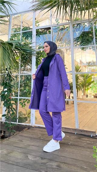 Комплект з капюшоном, довгий тунік та штани, темно-фіолетовий, 44-46 розміри, стильний комбінований одяг для зимового сезону - фото 2