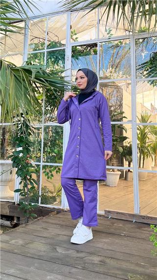 Комплект з капюшоном, довгий тунік та штани, темно-фіолетовий, 44-46 розміри, стильний комбінований одяг для зимового сезону - фото 4