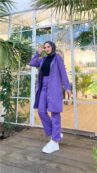 Комплект з капюшоном, довгий тунік та штани, темно-фіолетовий, 44-46 розміри, стильний комбінований одяг для зимового сезону - фото 3