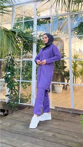 Комплект з капюшоном, довгий тунік та штани, темно-фіолетовий, 44-46 розміри, стильний комбінований одяг для зимового сезону - фото 5
