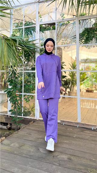 Костюм из двух предметов с капюшоном и кнопками, короткие спортивные брюки, темно-л-purple, доступен в размерах 38-46 - фото 4