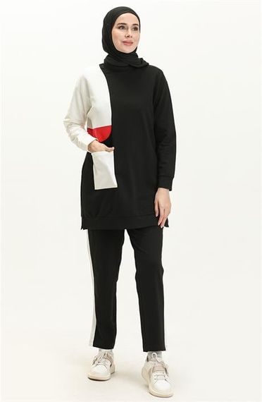 Новий чорний двокольоровий спортивний комплект з бічними кишенями і ribana, розміри 38-46 - фото 1