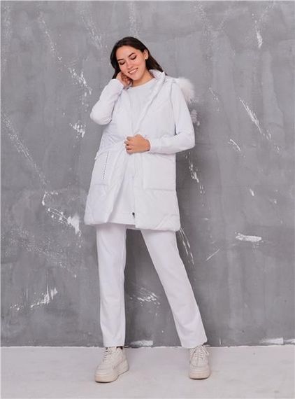 طقم رياضي ثلاثي مع سترة مبطنة بغطاء رأس - 70030.002 - أبيض - صورة 3