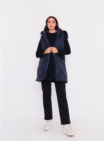 بدلة رياضية ثلاثية بحواف مائلة وسحاب بسحاب مع غطاء رأس - لون أزرق داكن - مقاسات مختلفة - صورة 1