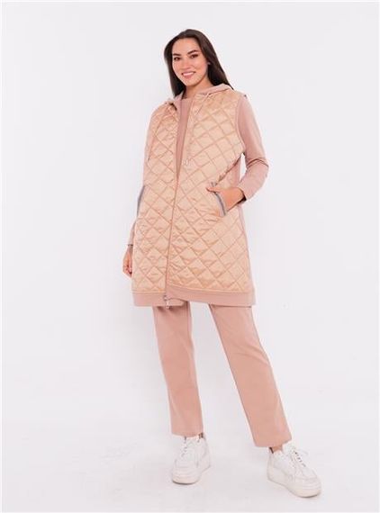 مجموعة رياضية ثلاثية مع صديرية كابيتون جمالية - بيج - أحجام متنوعة 38-46 - صورة 1