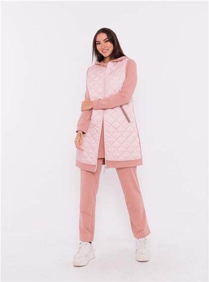 طقم رياضي ثلاثي بليزر بحد أدنى مزخرف ببطانة 70060 - وردي - صورة 3