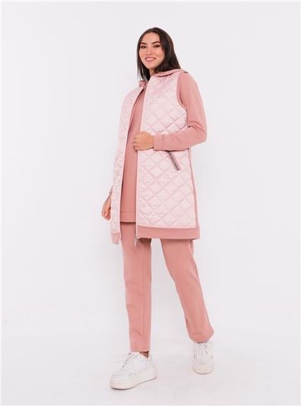 طقم رياضي ثلاثي بليزر بحد أدنى مزخرف ببطانة 70060 - وردي - صورة 2