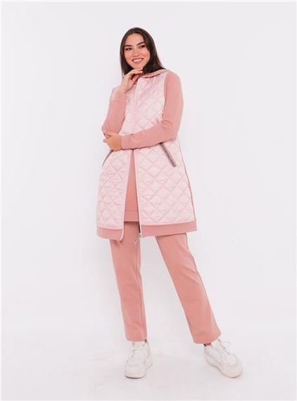 طقم رياضي ثلاثي بليزر بحد أدنى مزخرف ببطانة 70060 - وردي - صورة 4