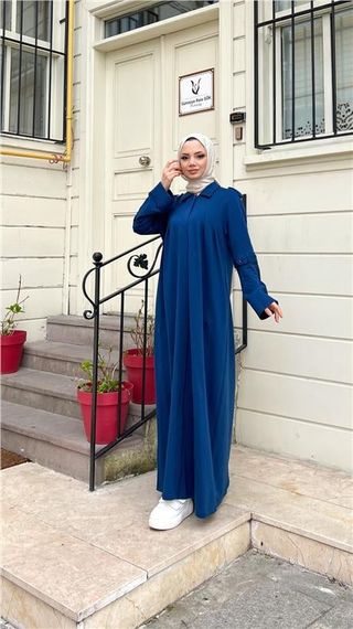 Yakalı Dirsek Kemer Detaylı Pamuklu Uzun Ferace - 71170.006 - İndigo - fotoğraf 4