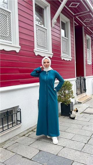 O Yaka Fermuarlı Yan Cepli Pamuklu Uzun Ferace - 71179.033 - Petrol - photo 2