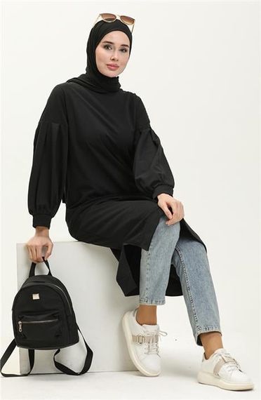 Hira Balon Kol Midi Boy Sade Basic Sweatshirt - 03031.015 - Lacivert - fotoğraf 5