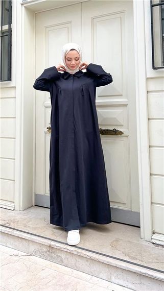 Длинная абая с воротником и поясом из хлопка, черного цвета, размеры 38-46 - фото 4