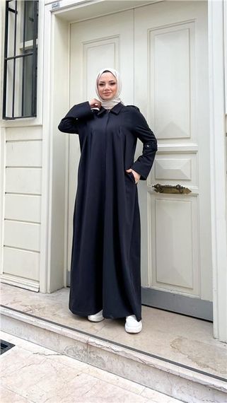 Длинная абая с воротником и поясом из хлопка, черного цвета, размеры 38-46 - фото 2