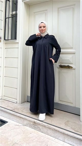 Длинная абая с воротником и поясом из хлопка, черного цвета, размеры 38-46 - фото 1