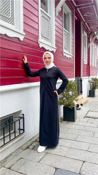 O Yaka Fermuarlı Yan Cepli Pamuklu Uzun Ferace - 71179.003 - Siyah - photo 3