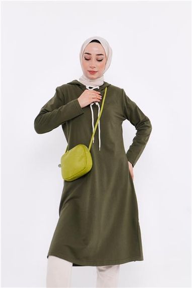 Светр з капюшоном Eflin з зав'язками, довгий, кольору хаки, доступний в розмірах 38-48 - фото 4