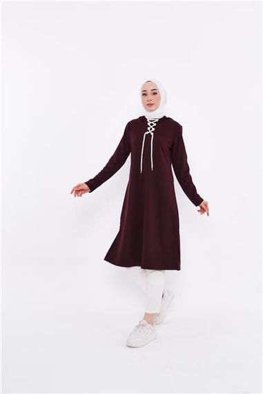 Eflin Yakadan Bağlamalı Kapşonlu Uzun Sweatshirt - 03030.020 - Mürdüm - fotoğraf 1