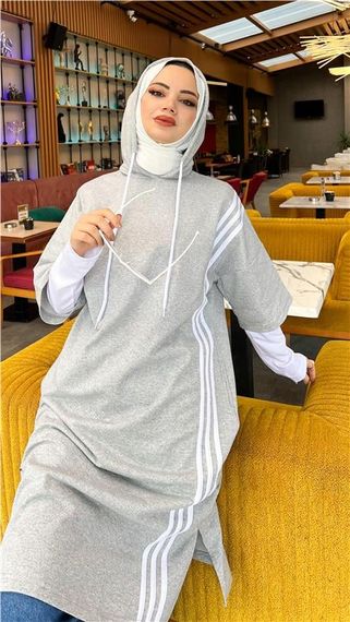 Çam Şeritli İçlikle Kapşonlu Uzun Sweatshirt - 03033.008 - Gri - fotoğraf 3