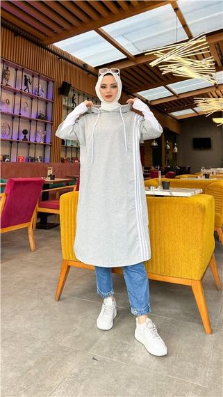 Çam Şeritli İçlikle Kapşonlu Uzun Sweatshirt - 03033.008 - Gri - fotoğraf 5