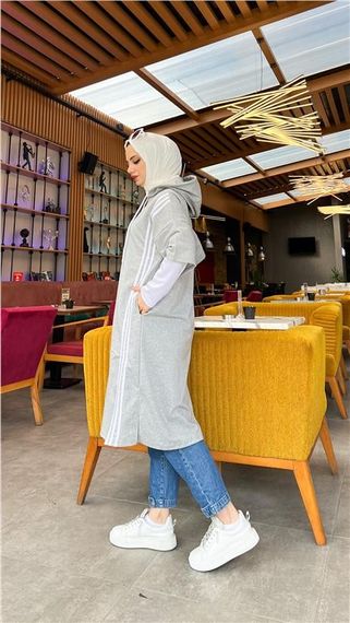 Çam Şeritli İçlikle Kapşonlu Uzun Sweatshirt - 03033.008 - Gri - fotoğraf 2