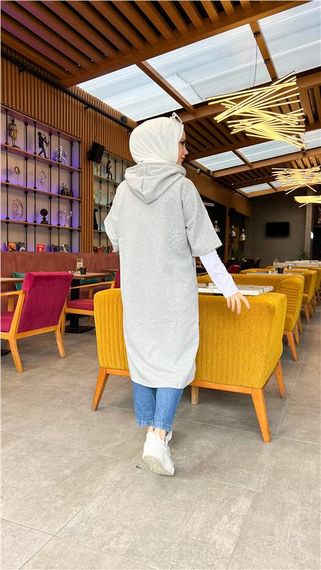 Çam Şeritli İçlikle Kapşonlu Uzun Sweatshirt - 03033.008 - Gri - fotoğraf 4