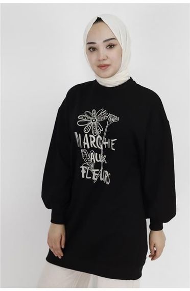 Свитшот Marche Aux Fleurs з принтом квітів, чорний, розміри 38-46, стильний верхній одяг для зимового сезону - фото 3