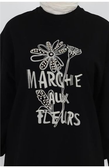 Свитшот Marche Aux Fleurs з принтом квітів, чорний, розміри 38-46, стильний верхній одяг для зимового сезону - фото 4