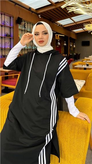 Çam Şeritli İçlikle Kapşonlu Uzun Sweatshirt - 03033.003 - Siyah - photo 2