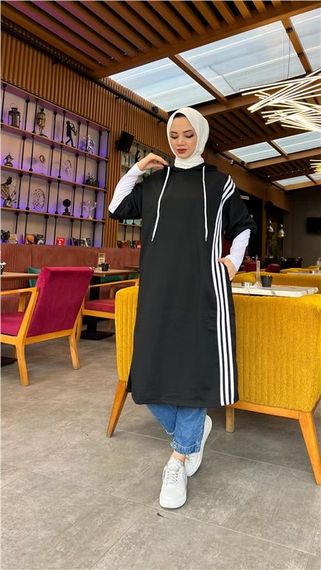 Çam Şeritli İçlikle Kapşonlu Uzun Sweatshirt - 03033.003 - Siyah - photo 4