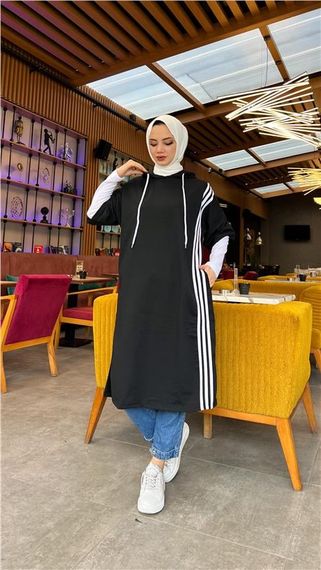 Çam Şeritli İçlikle Kapşonlu Uzun Sweatshirt - 03033.003 - Siyah - photo 5
