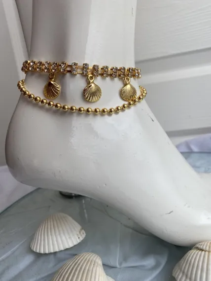 Women's Three Seashell Model Anklet Gold Plated Chain Detail Crystal Stone Elegant Women's Anklet - photo 5