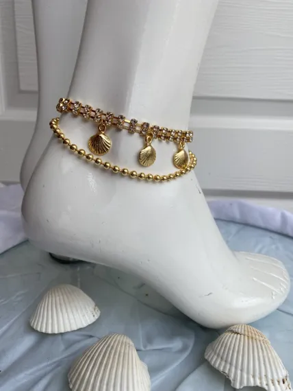 Women's Three Seashell Model Anklet Gold Plated Chain Detail Crystal Stone Elegant Women's Anklet - photo 4