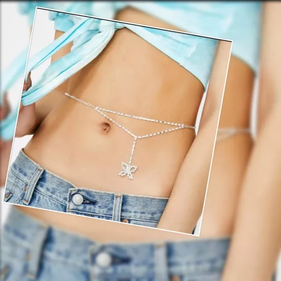 Women's Butterfly Silver Crystal Stone Body Necklace Model Belly Chain Accessory Diamond Jewelry