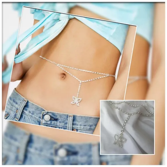 Women's Butterfly Silver Crystal Stone Body Necklace Model Belly Chain Accessory Diamond Jewelry