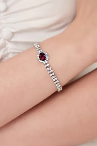 Women's Burgundy Stella Model Zircon Stone Silver Evening Dress Daily Party Prom Date Combination Bracelet - photo 3