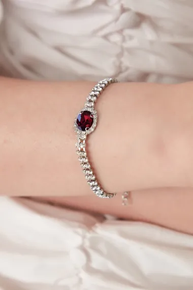 Women's Burgundy Stella Model Zircon Stone Silver Evening Dress Daily Party Prom Date Combination Bracelet - photo 1