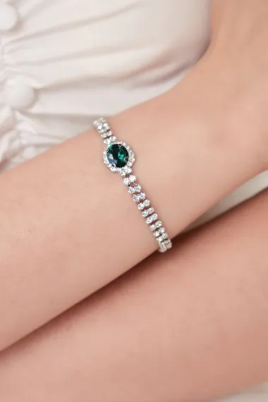 Women's Emerald Green Stella Model Zircon Stone Silver Evening Dress Daily Party Prom Combination Bracelet - photo 3