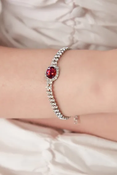 Women's Red Stella Model Zircon Stone Silver Evening Dress Daily Party Prom Date Combination Bracelet - photo 1